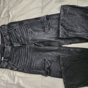 American Eagle Wide Leg Distressed Black Denim Cargo Pants Long Length